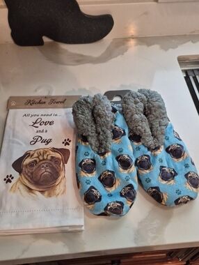 Pug Slippers and Kitchen Towel Set